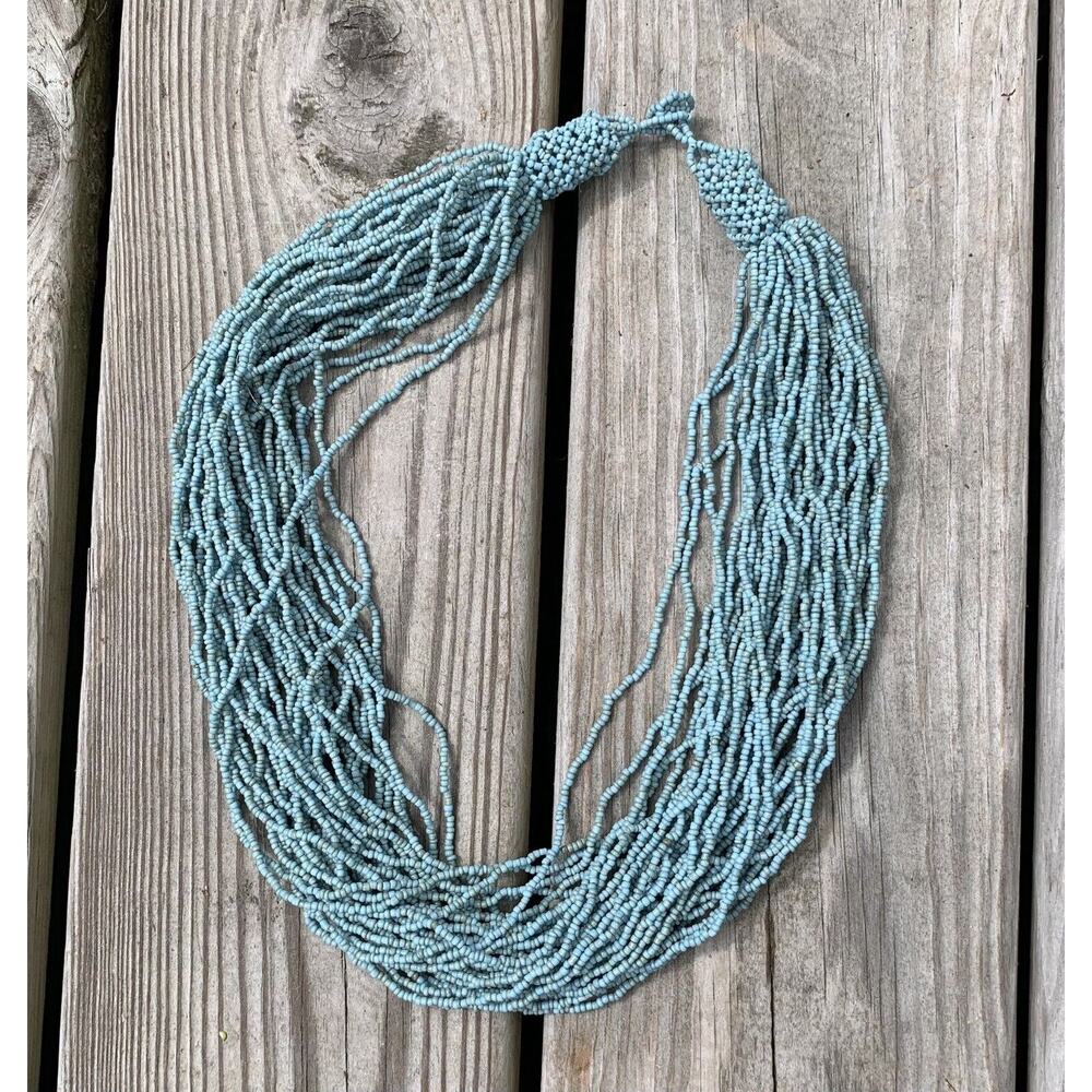 Seed Bead Necklace Turquoise Color Multi-Strand Boho Collar Handmade In Bali New